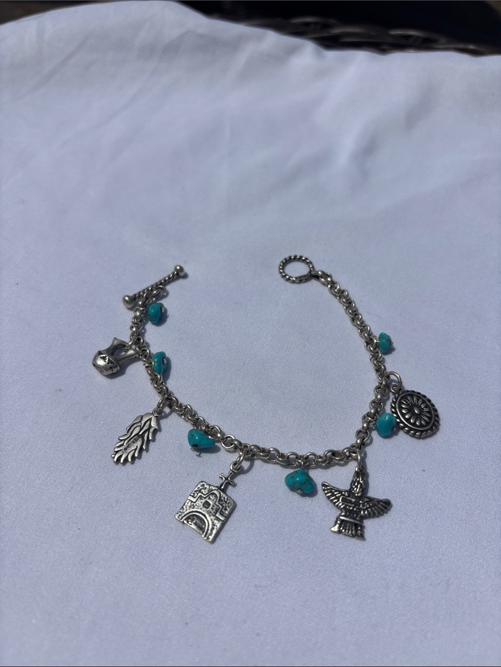 Vintage Silver Charm Bracelet with Turquoise Heart Beads